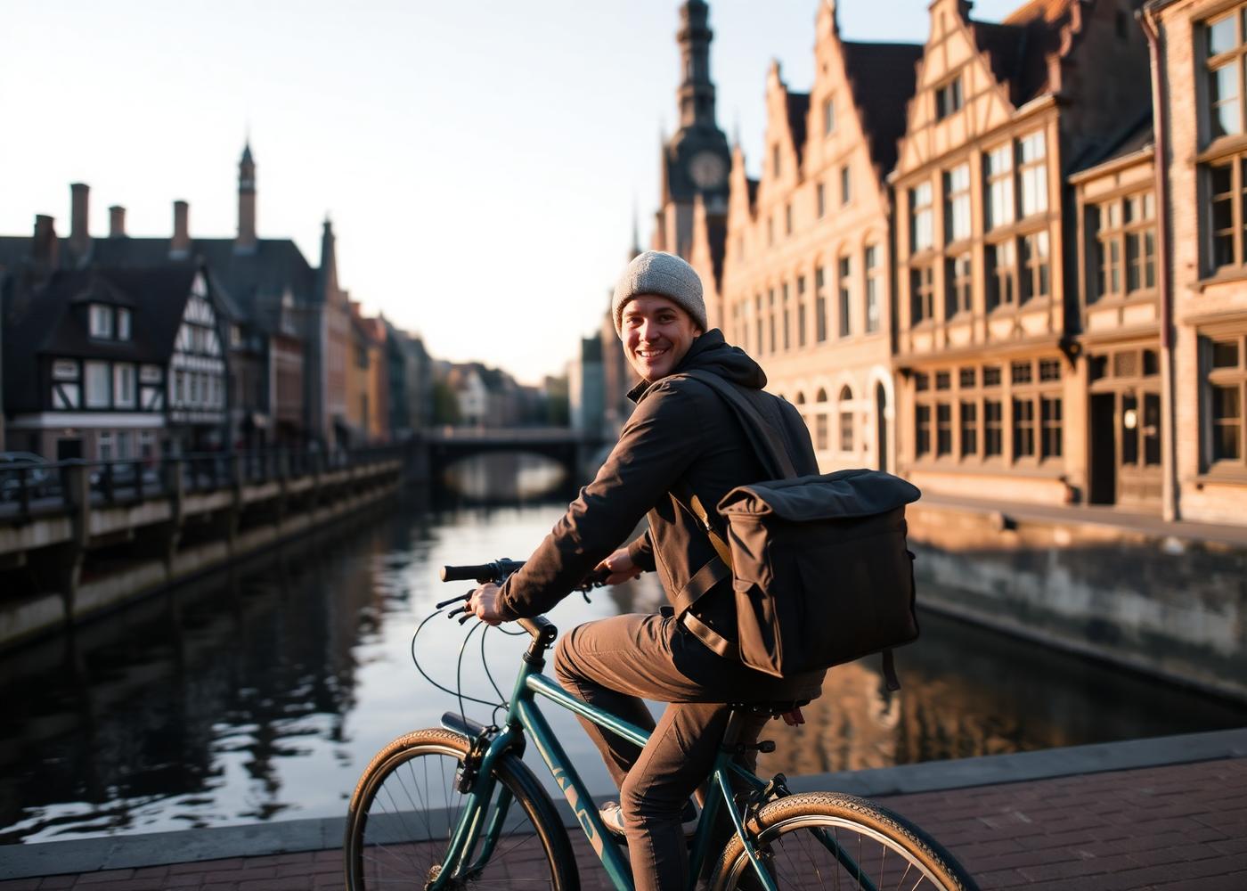 Pakko-koerier fietst langs een Gentse gracht